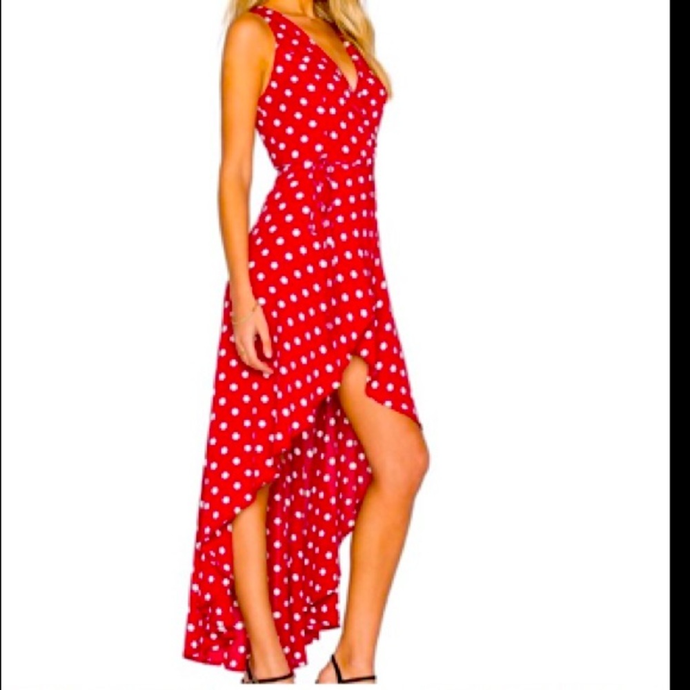 Privacy please red polka dot high low dress